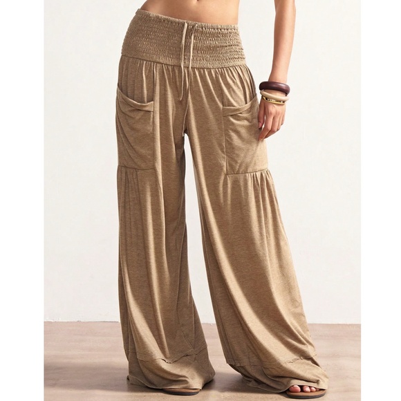 Solid Tan Stretchy Waist Pockets Wide Leg Lonuge Pants - Picture 3 of 8